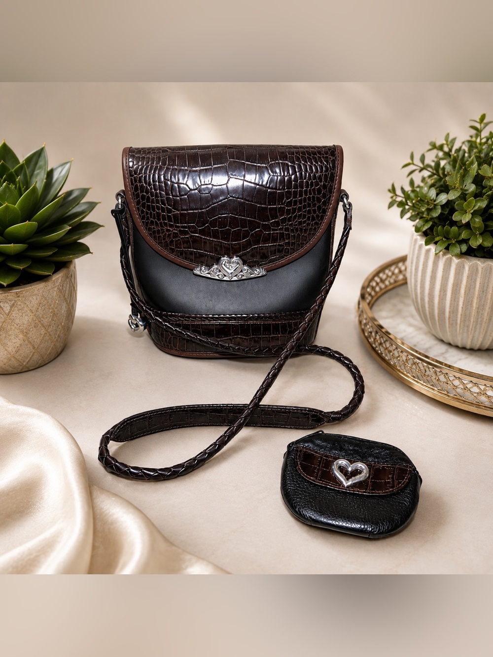 Brighton Brown & Black Crocodile Print Leather Bucket Crossbody w/ Coin Purse